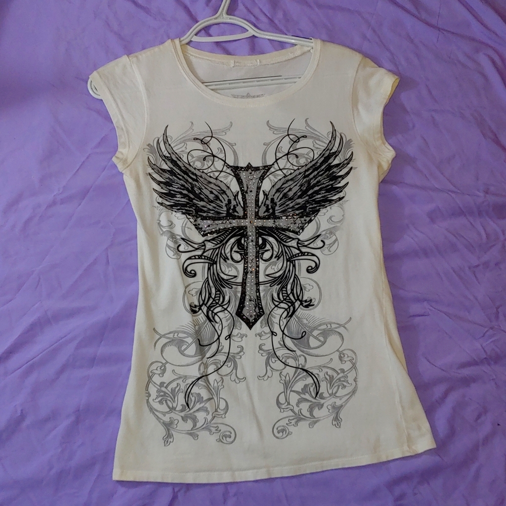 RHINESTONE CROSS & WINGS SHIRT * SIZE L * VINTAGE * CUFFED SLEEVES